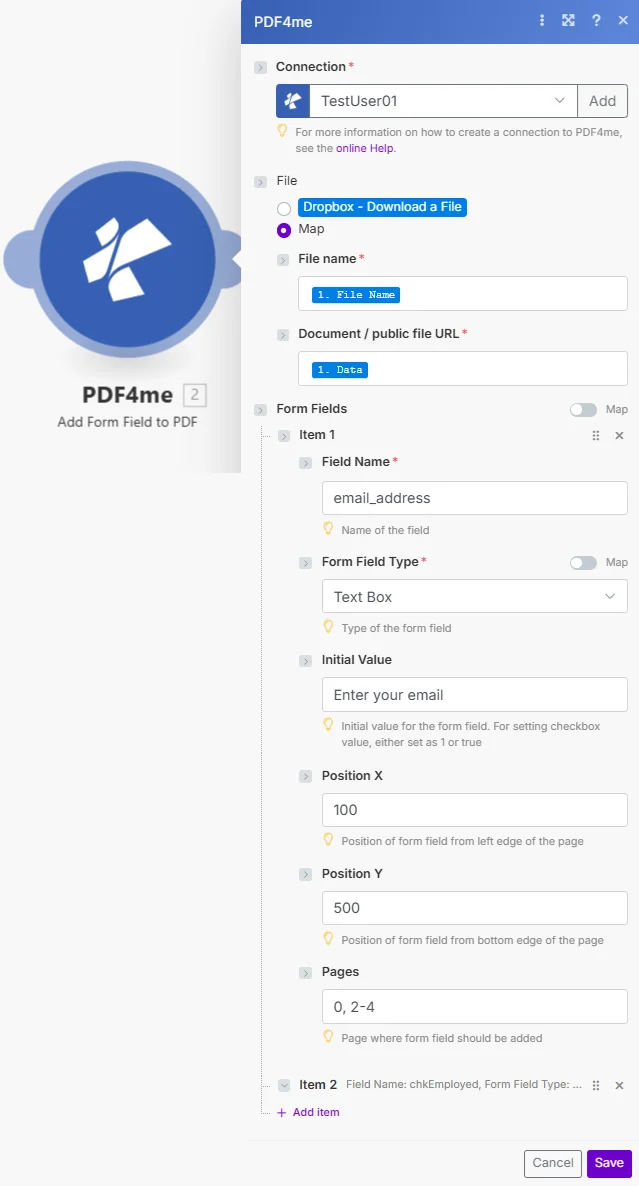 在 Make: PDF4me 中向 PDF 模块添加表单字段